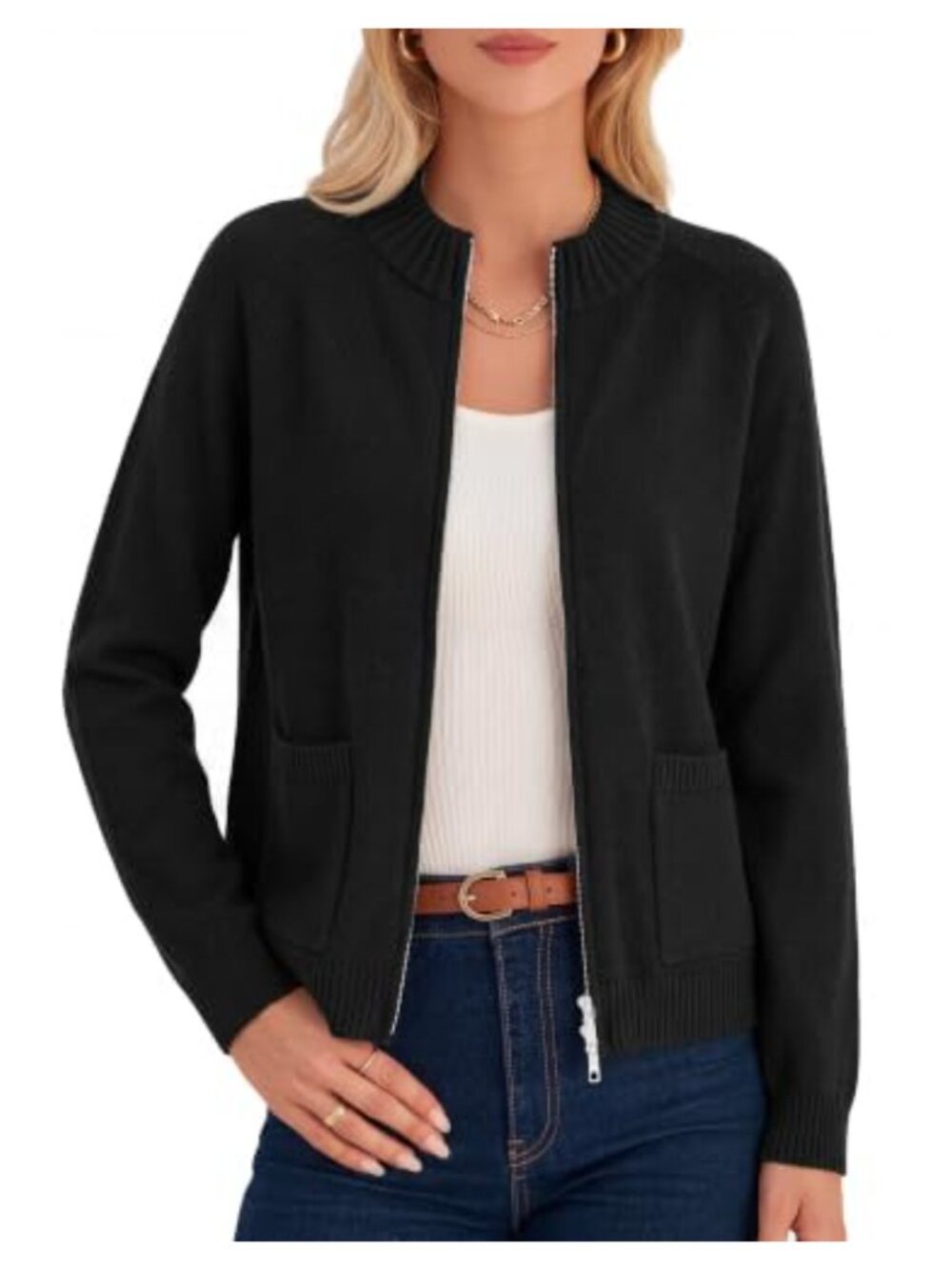 Zip Up Cardigan Sweater Womens Ribbed Knit Jacket with Pockets